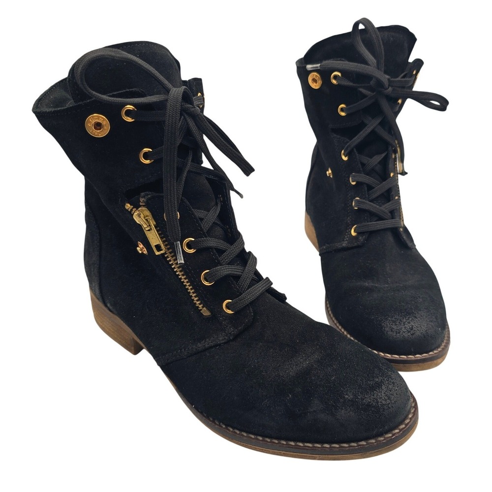 Mark Jenkins Black Suede Fold Over Knit Cuff Combat Boots Gold Hardware Womens 9